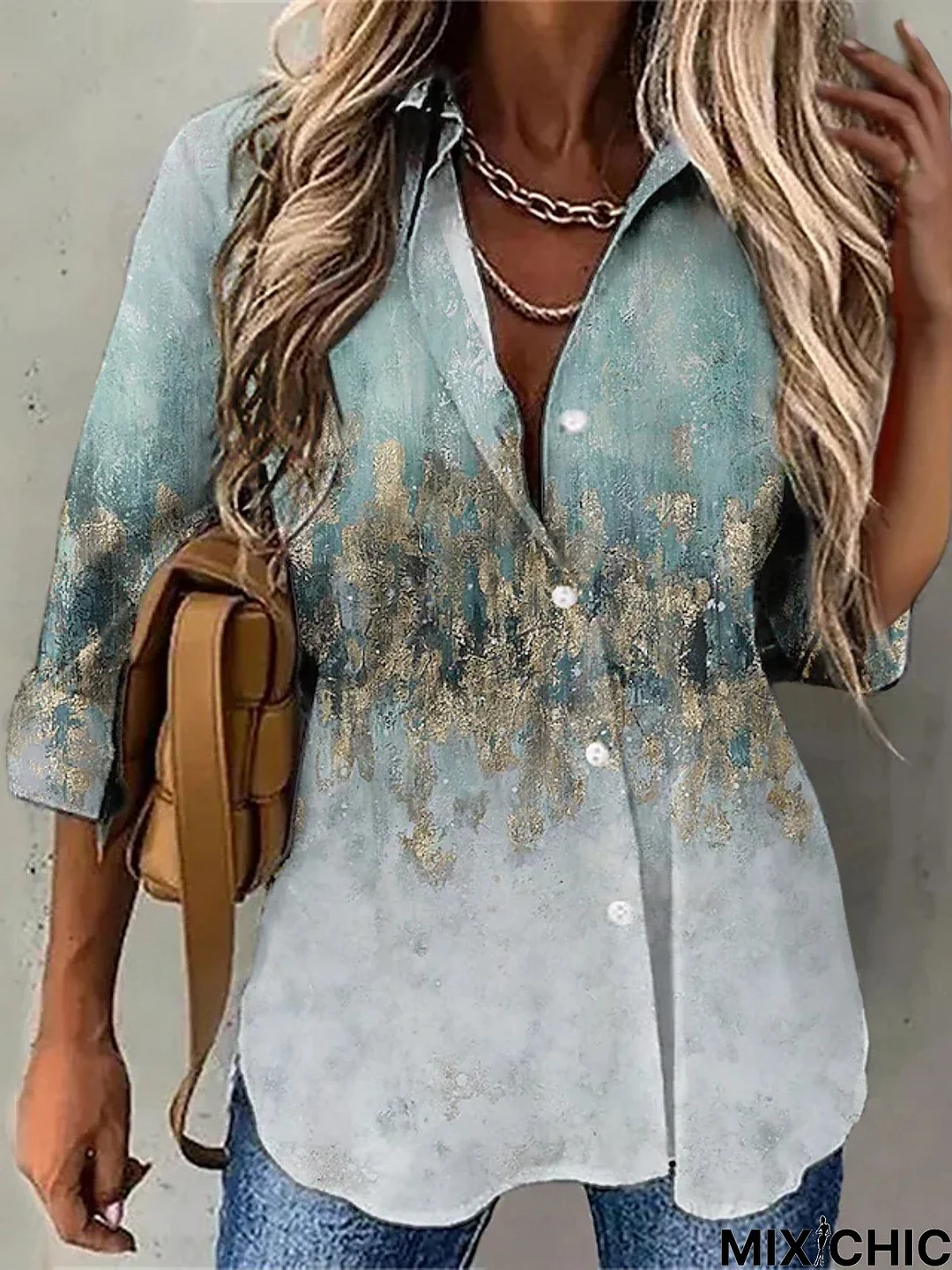 Casual Long sleeve Shirt Collar Printed Tunic Blouse