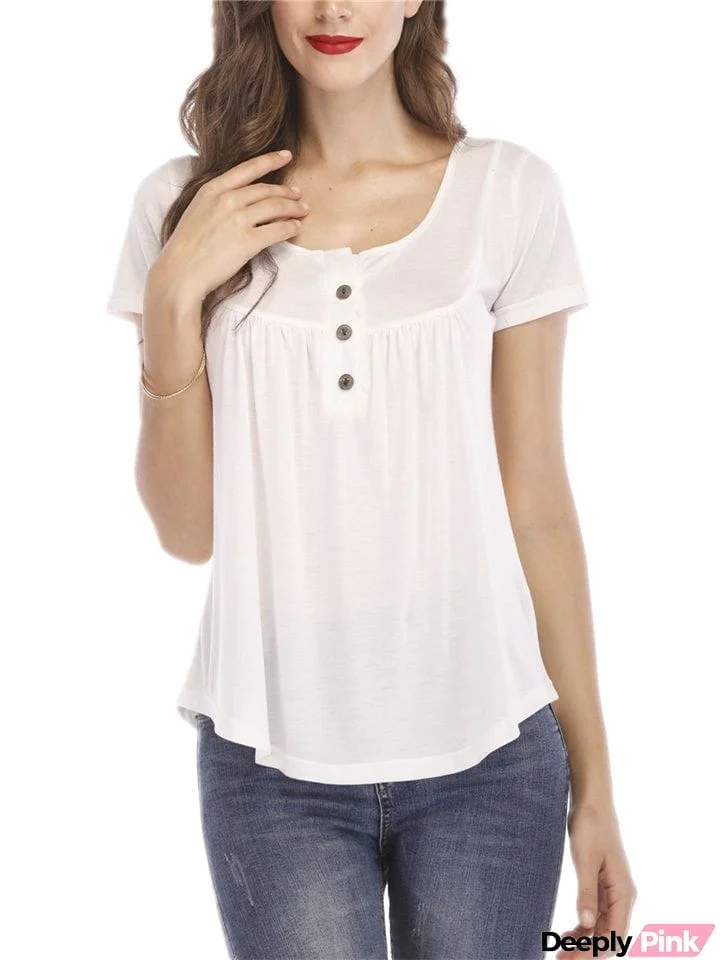 Round Neck Pleated Button Short Sleeve T-shirt for Women