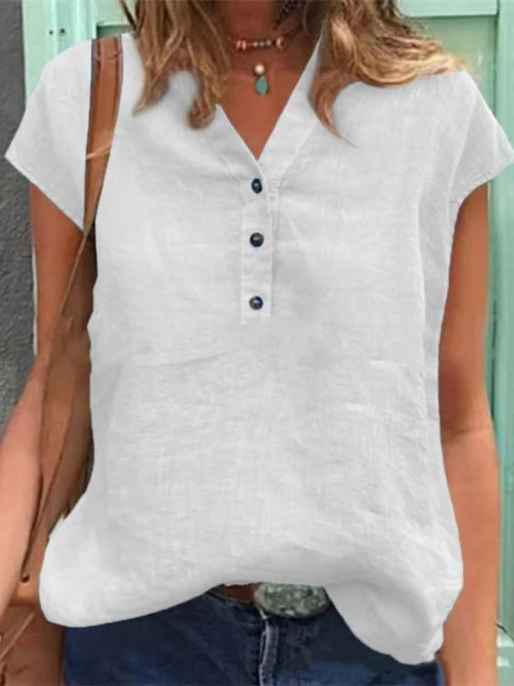 Women's Short Sleeve V-Neck Solid Buttons Top