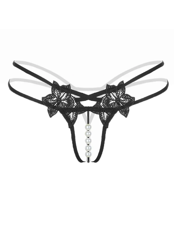 Floral Pattern Skinny Lace Beaded Thong Panty