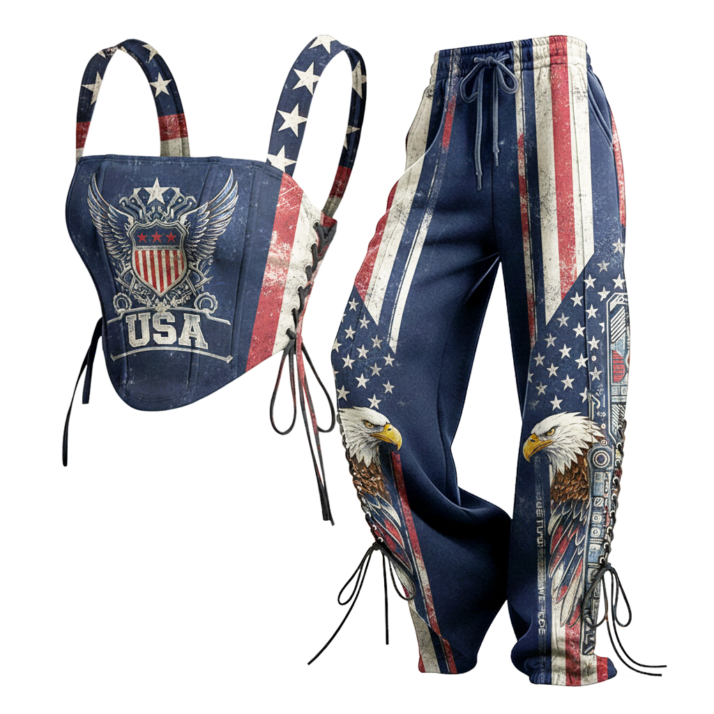 American Street Style Flag Patchwork Denim Corset Top + Drawstring Wide-leg Pants - Helixace