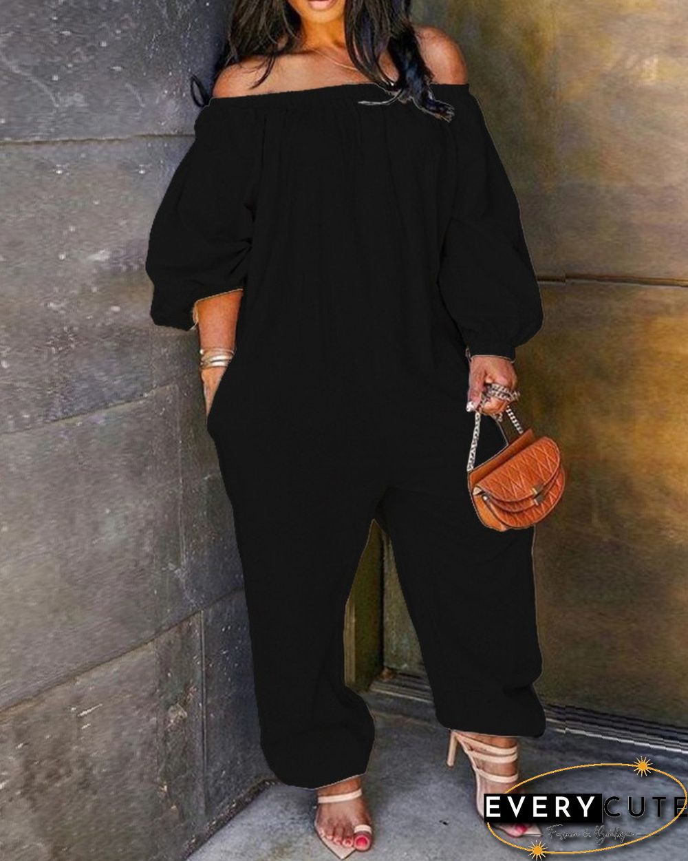 Off Shoulder Solid Lantern Sleeve Jumpsuit