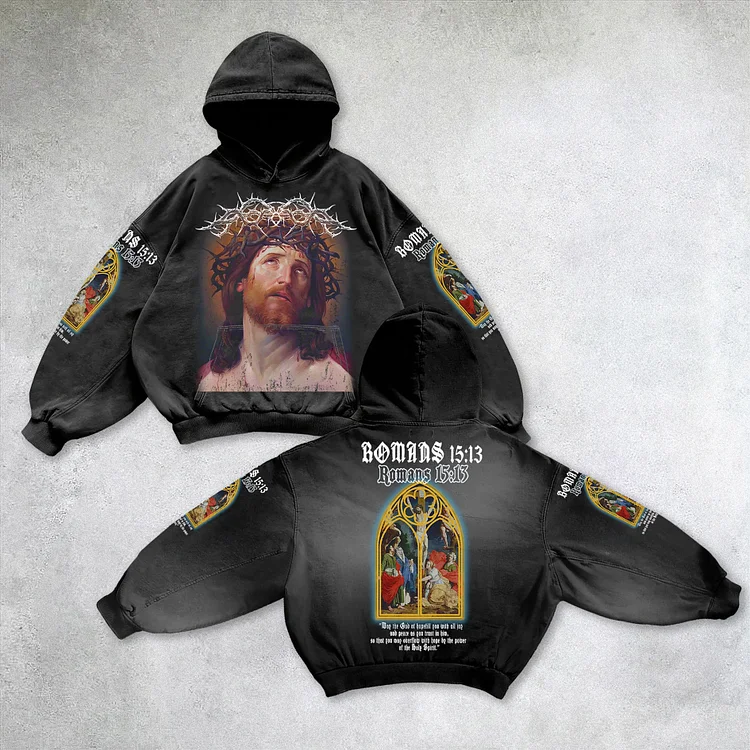 Vintage Jesus Portrait Graphic Bible Print Washed Hoodie