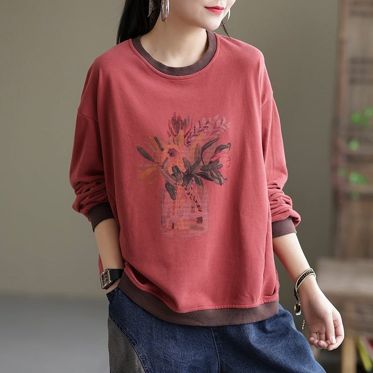 Women  Loose Casual Foral Cotton Sweater
