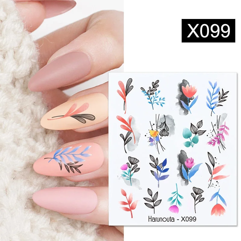 Geometric Lines Flower Leaf 3D Nail Stickers Blue Gold Cool Fall Leaves Spring Transfer Slider Nail Art Decoration Manicures-Nail Inspo