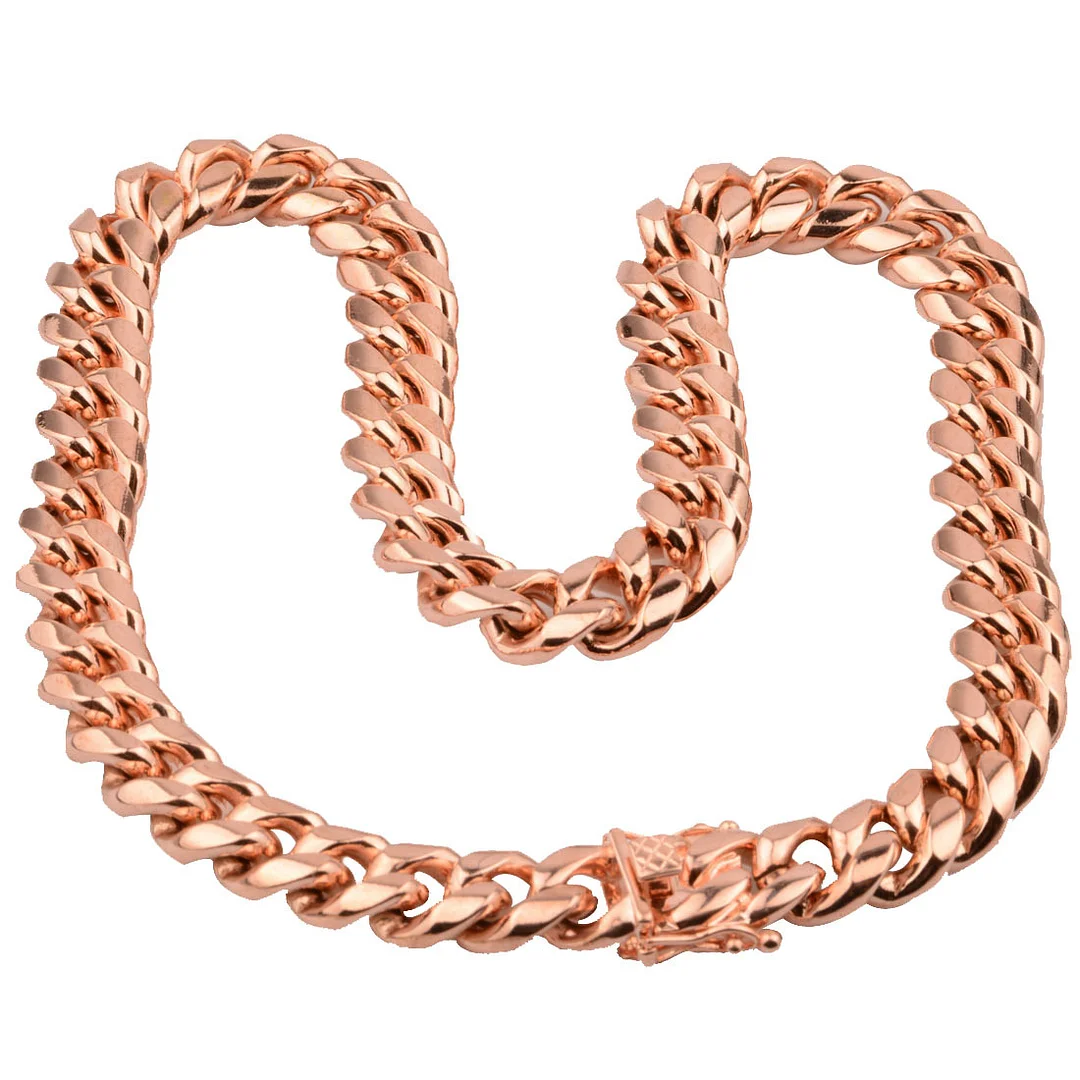 Rose Gold Cuban Link Chain For Men Women Iced Out Chain Miami Cuban Titanium Stainless Steel Necklace Bling Diamond Chains Hip Hop Jewelry 14mm