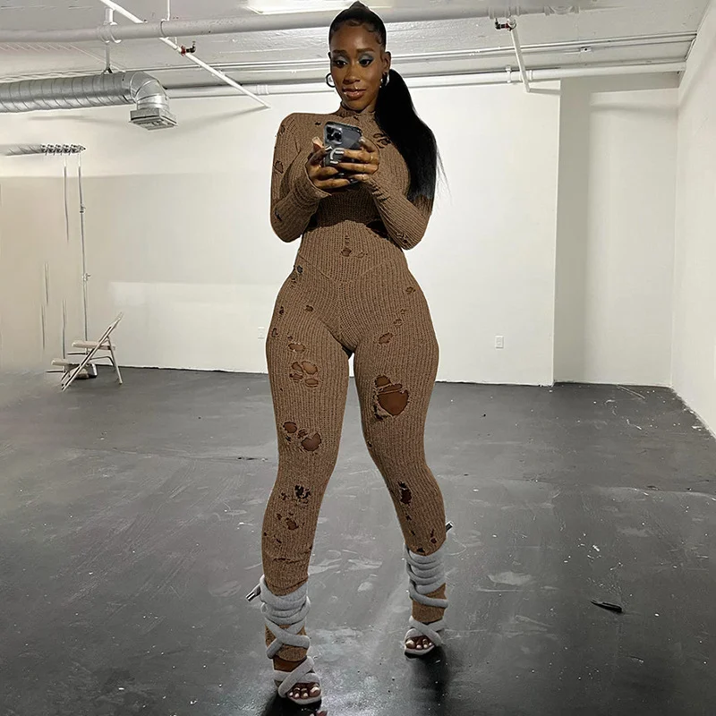 Uveng Uveng Women's Clothing 2023 Autumn And Winter 2023 New Fashion Hole Long Sleeves Strap With Wool Long Jumpsuit