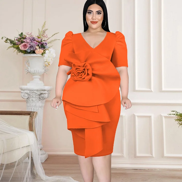 Pink Plus Size Dresses Women V Neck Short Puff Sleeve Big Flower Knee Length Outfits for Ladies Evening Birthday Party Gowns 4XL QueenFunky