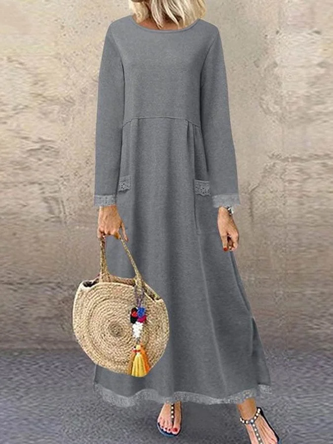 Casual Long Sleeve Loose Round Neck Dress - 7Colors