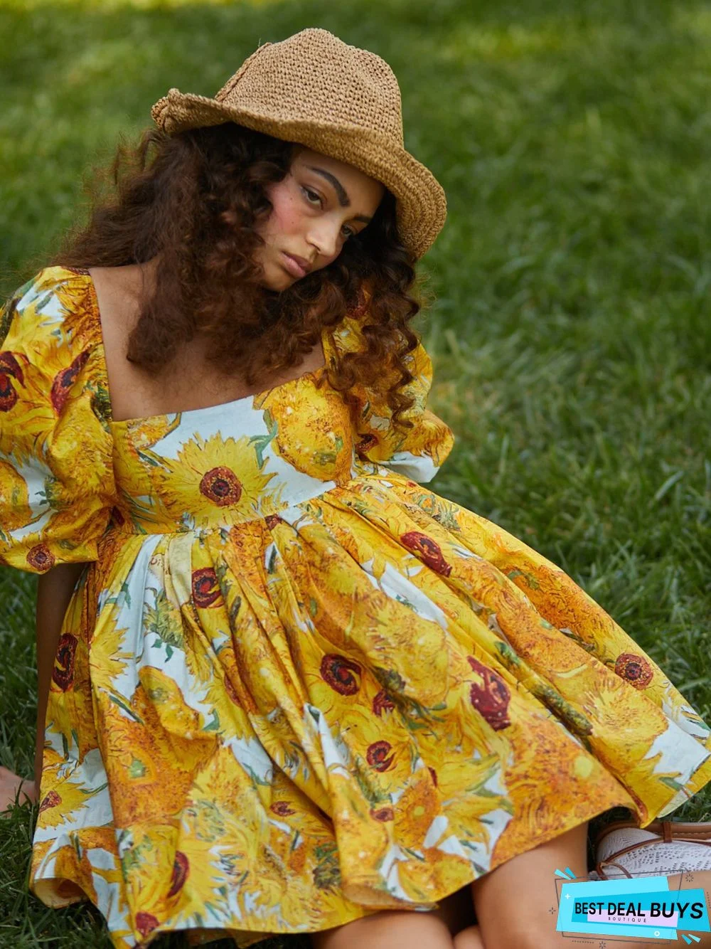 Printed Square Neck Lantern Short Sleeve Women's Dress Backless Fluffy French Princess Dress