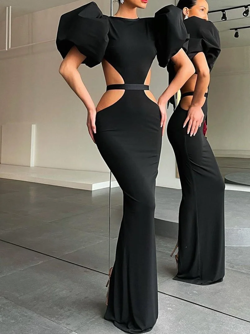 Fashion puff sleeve open waist evening dress-zachics