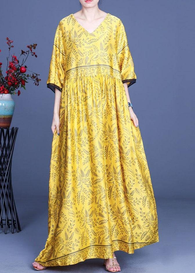 Art Yellow Print Silk Loose Long Dresses Summer