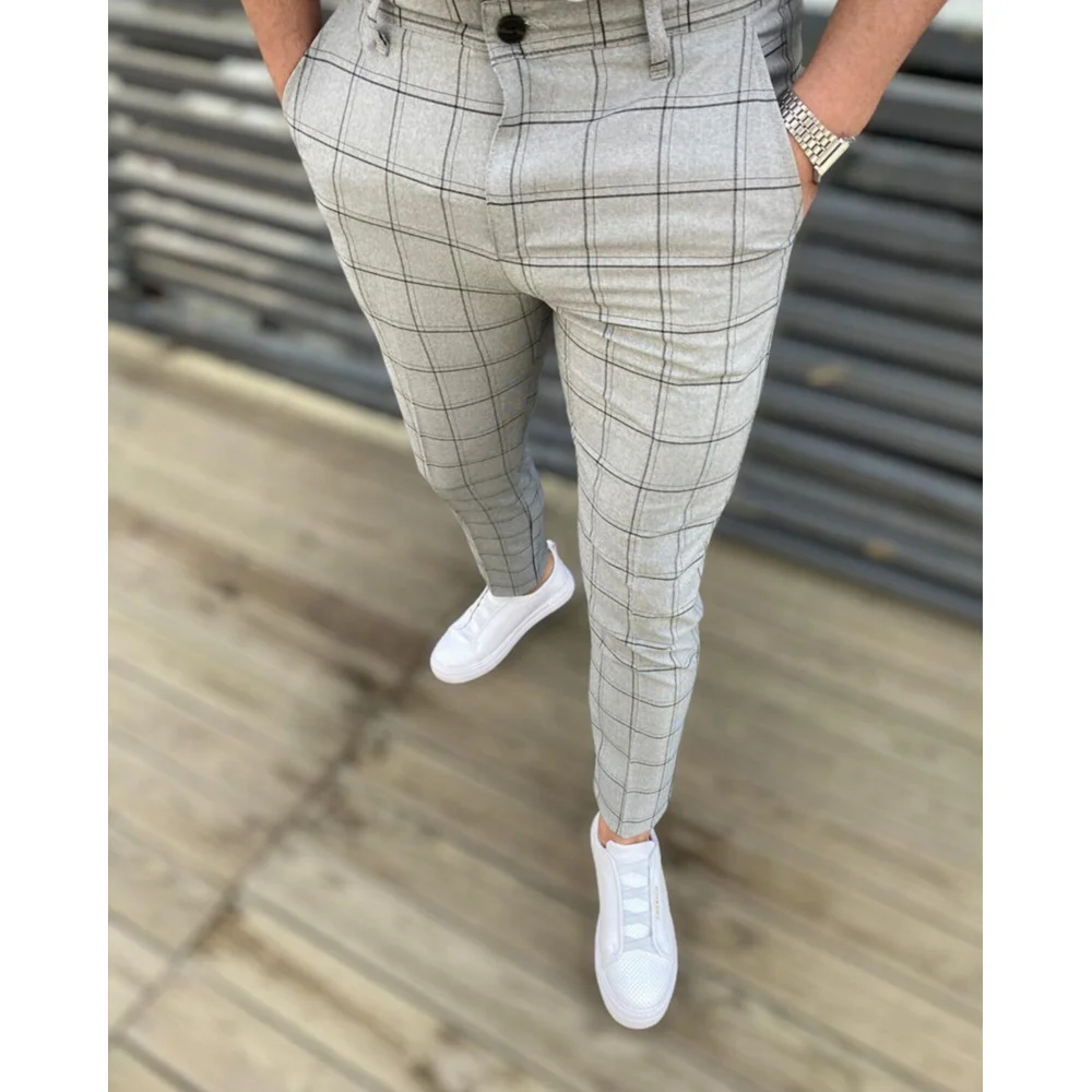 Men's Plaid Casual Business Pants Skinny Lightweight Chino Long Pant Plaid Pant for Man