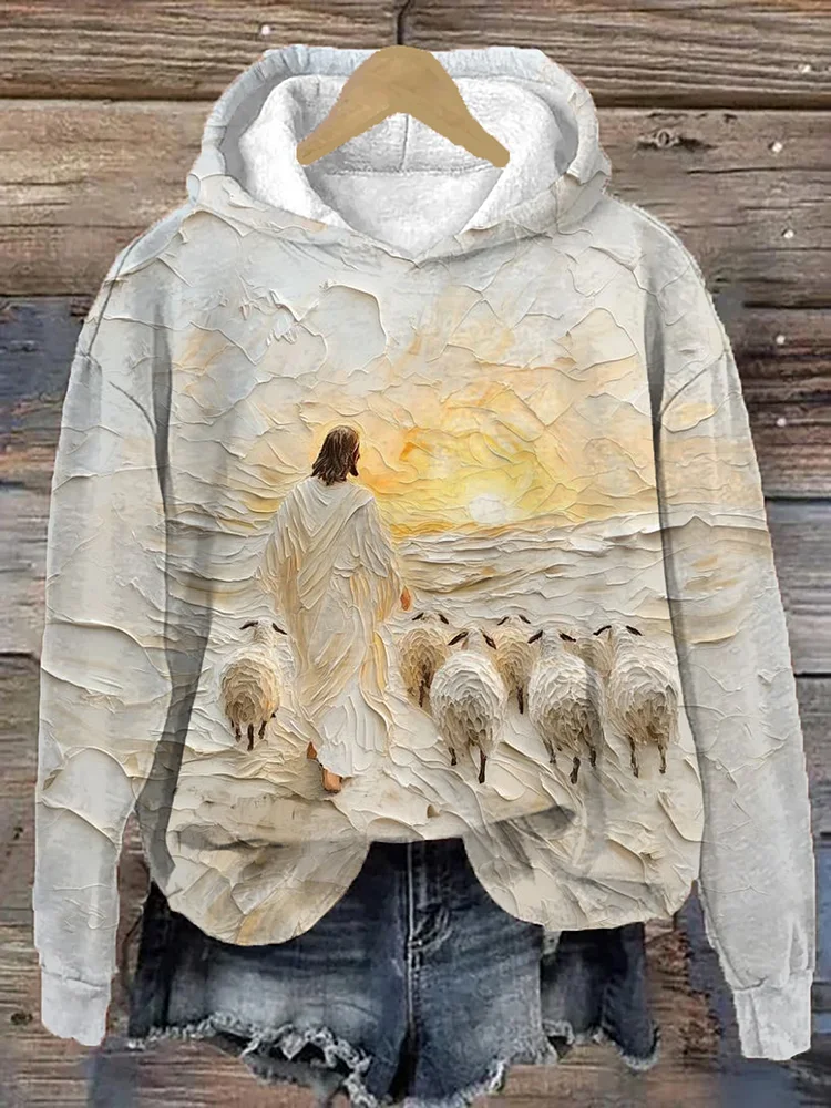 Women's Jesus And The Sheep Oil Painting Print Cozy Hoodie