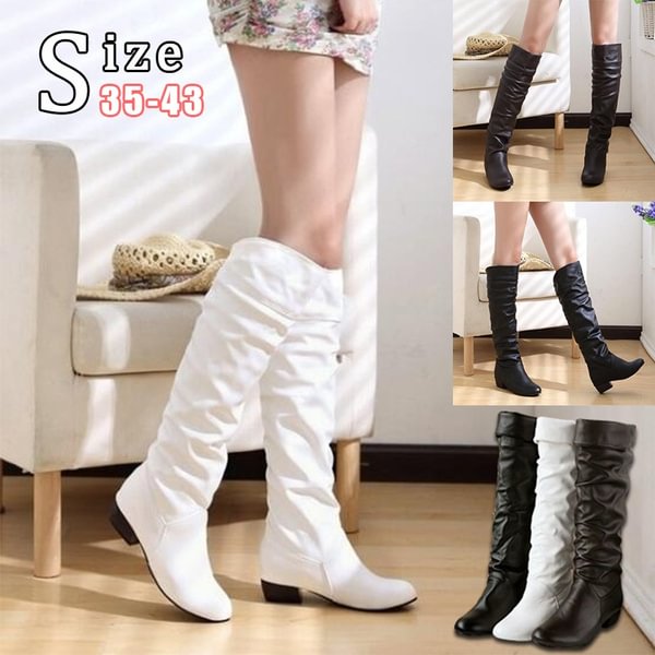 Women's Fashion Winter Long Boots Knee High Boots Low Heel Retro Leather Boots Cowboy Boots Plus Size 35-43(Please Buy Bigger Size Than Usual) - Shop Trendy Women's Fashion | TeeYours