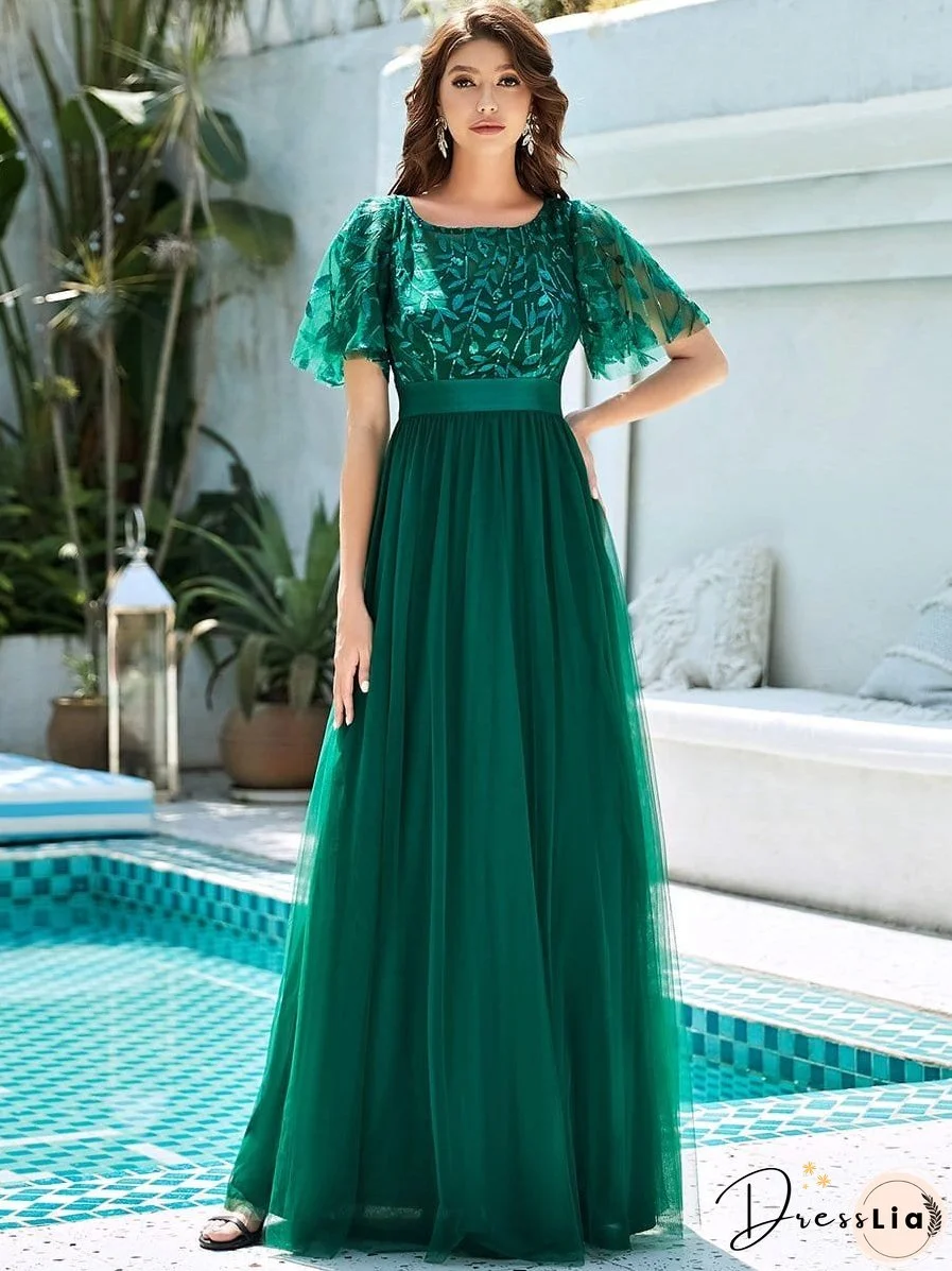 Shimmering Leaf Print Sequin Maxi Dress with Waist Belt