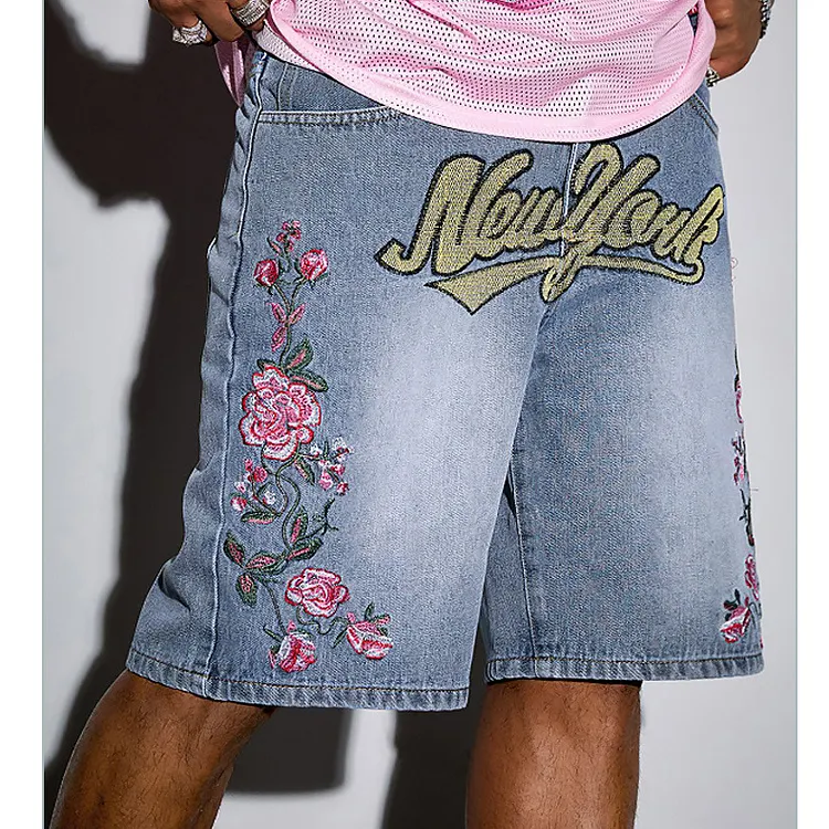 Men's Fashion Floral Letter Embroidered Denim Shorts Jorts