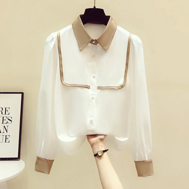 Jangj Spring Summer New Long-sleeved Shirt Women's Contrast Color Polo Collar Fashion Temperament Elegant Design Niche Blouse