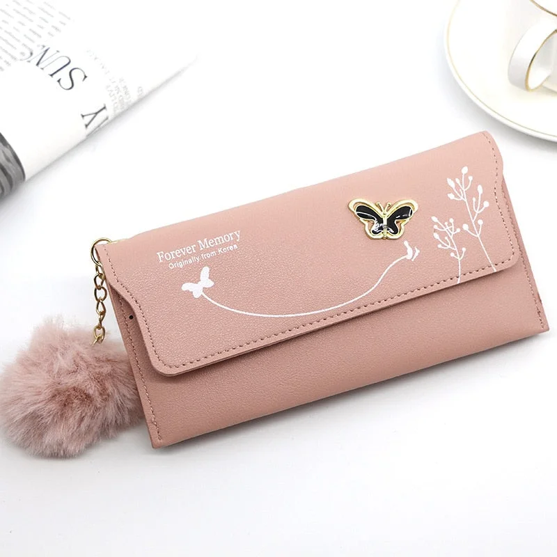 Small Handbags for Women Fashion 2022 Trend New Wallets Pure Color Wool Ball Bow Clutch Bag Women's Long Bag Card Bag Coin Purse