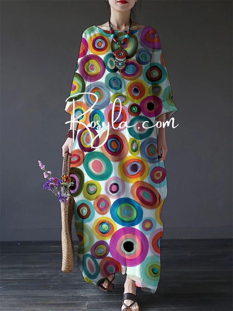 Women's Fashion Colorful Cilcles Print Loose Round Neck Medium Length Dress