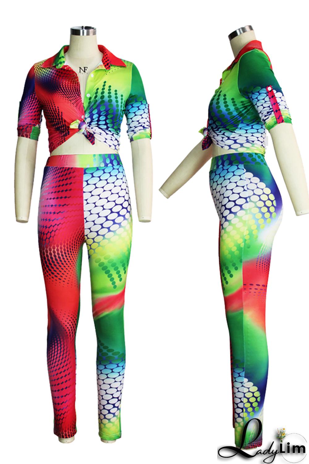 Yellow Sexy Patchwork Tie-dye Turndown Collar Long Sleeve Two Pieces