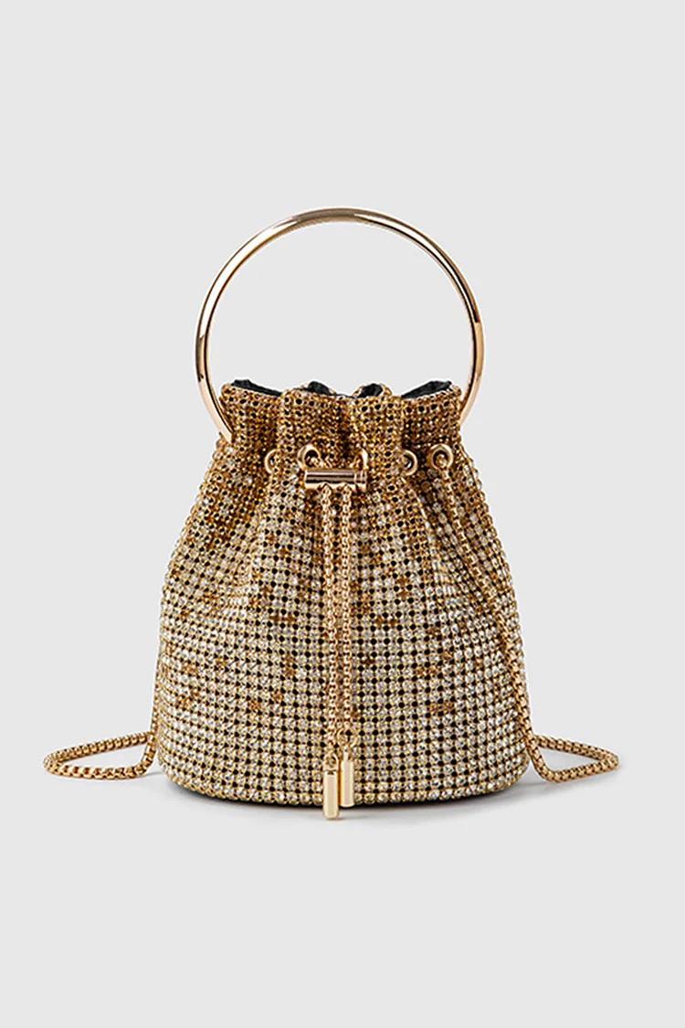 Rhinestone Decor Metallic Sheen Drawstring Bucket Shaped Handbag