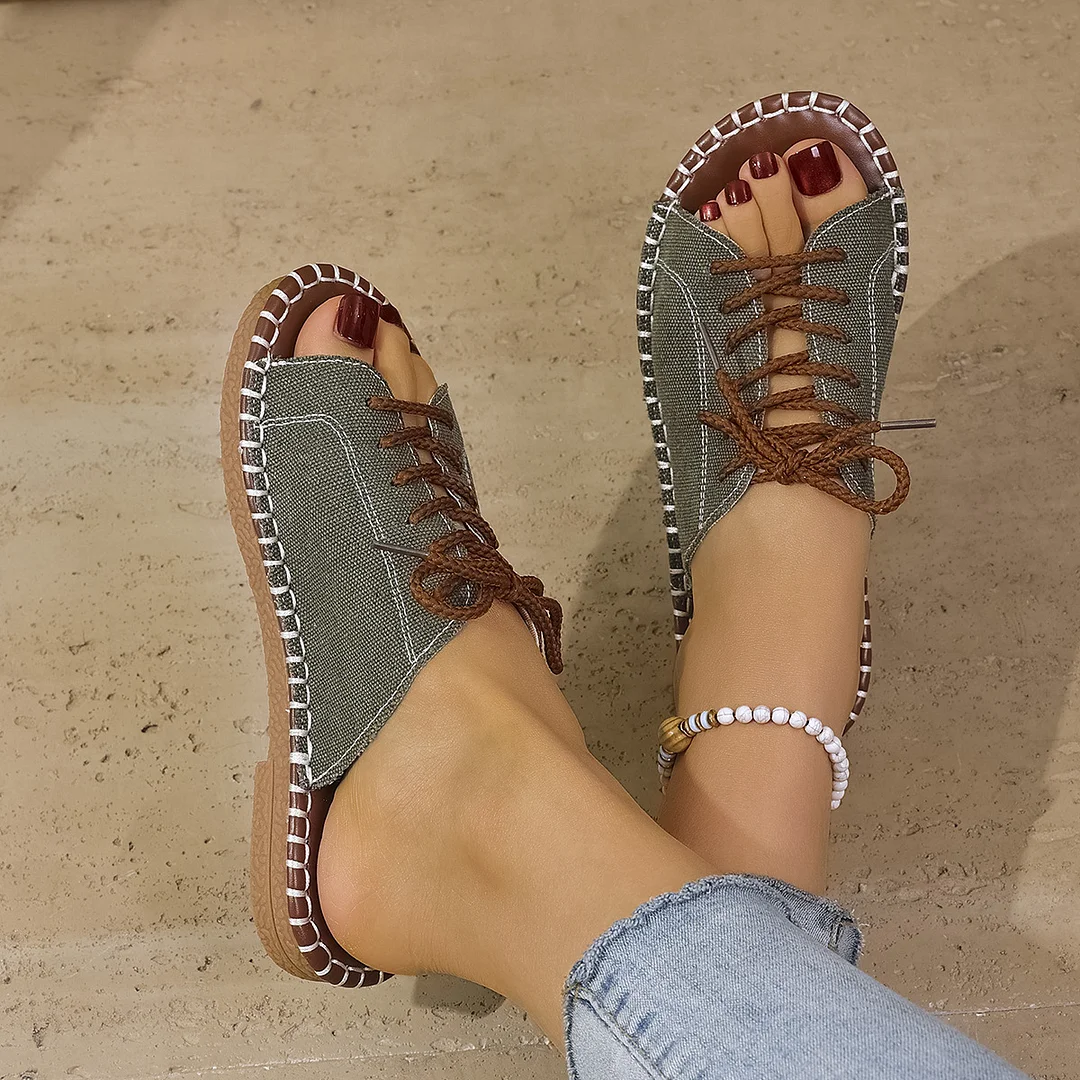 Breakj Breakj 2025 Summer Canvas Korean Version Of Women's Cool Drag Flat And Large Sandals Denim Shoes