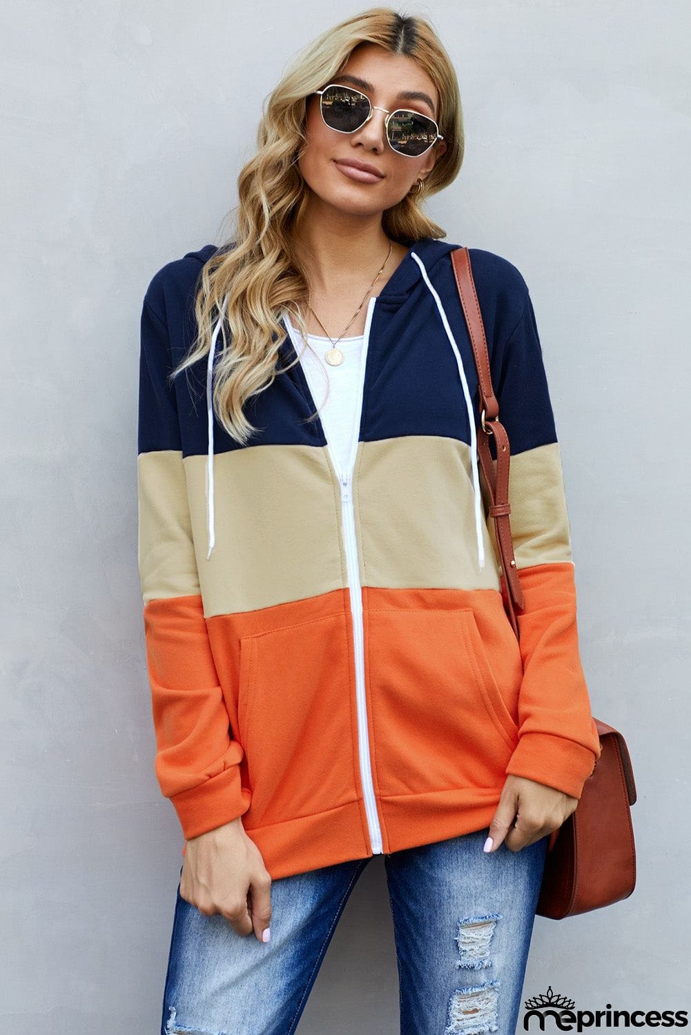 Zip Front Color Block Splicing Drawstring Hoodie