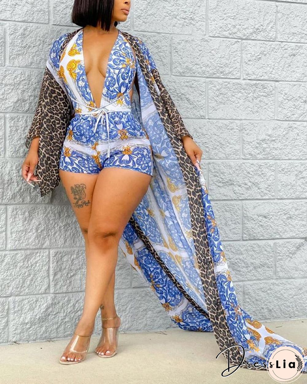 All Over Print Halter Sleeveless Skinny Romper With Coat Suit Sets