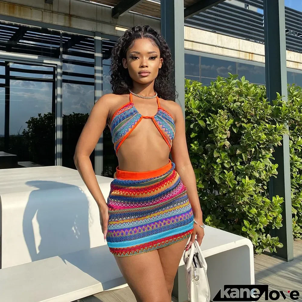 Women Vintage Print Sexy Crop Top and Mini Skirt Two-Piece Set