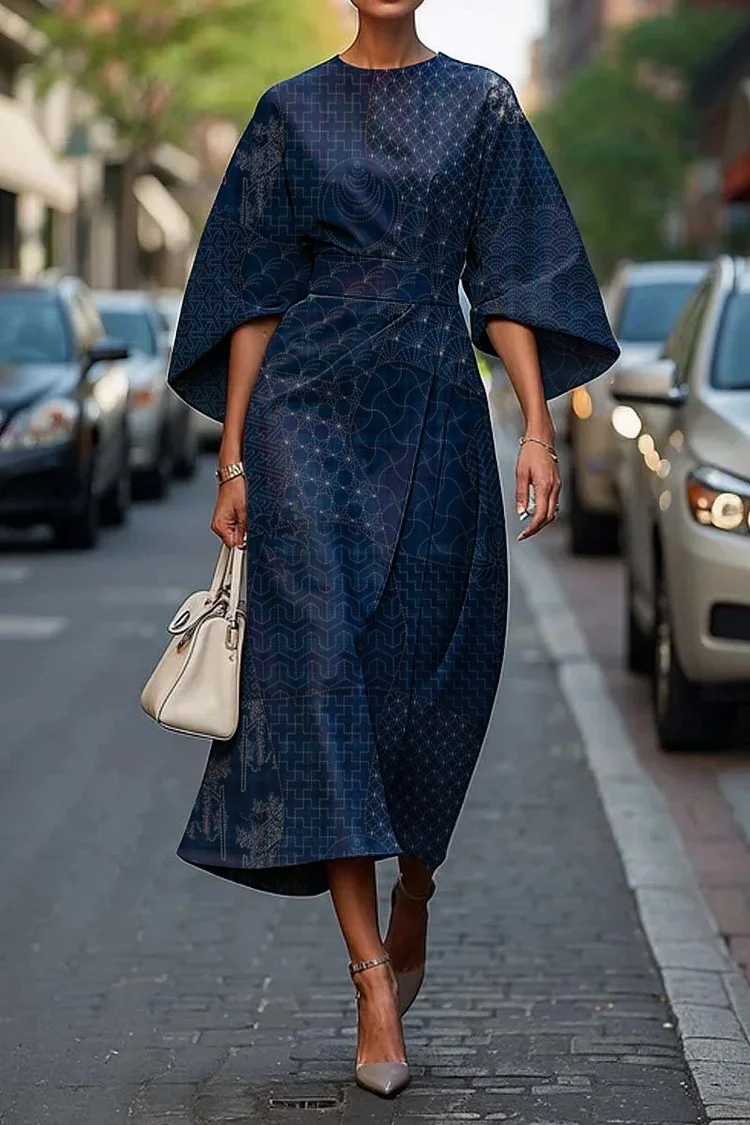 Women's Vintage Elegant Sashiko Printed Midi Dress