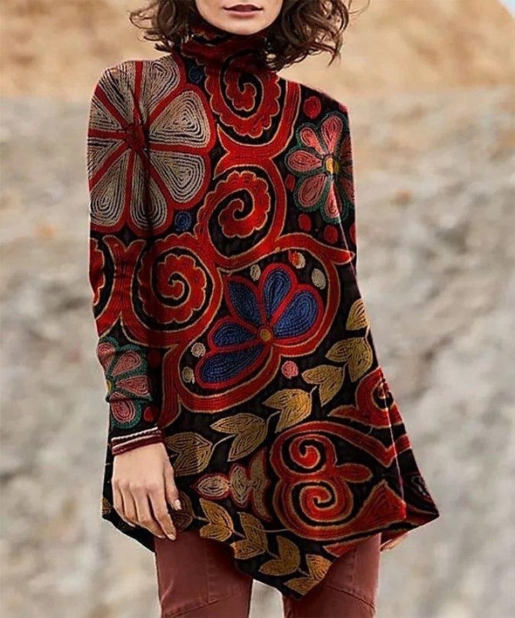 Casual Vintage Print Turtleneck Tunic