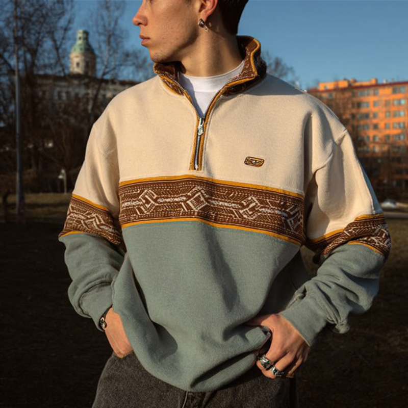 Men's Loose Casual Retro College Style Half-open Collar Stitching Printed Sweatshirt
