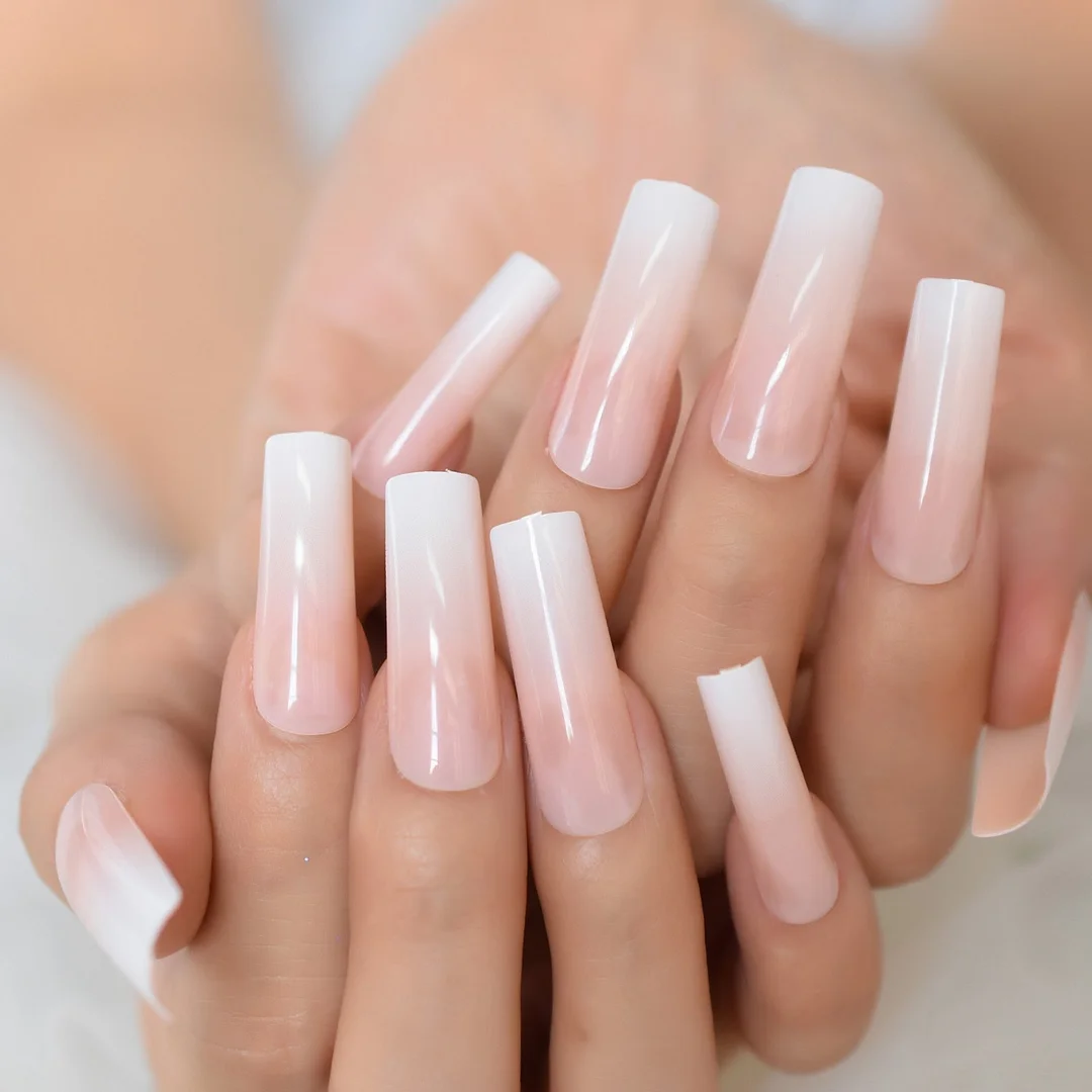 Square False Nails Nude Ombre Gradient French Tips Predesigned Press On Nails White Extra Long Natural Fingernails NOV-Nail Inspo