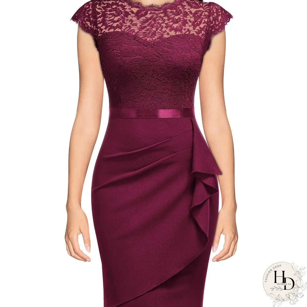 Solid Lace Bodycon Dress, Elegant Asymmetrical Hem Dress For Party & Banquet, Wedding Dress, Women's Clothing