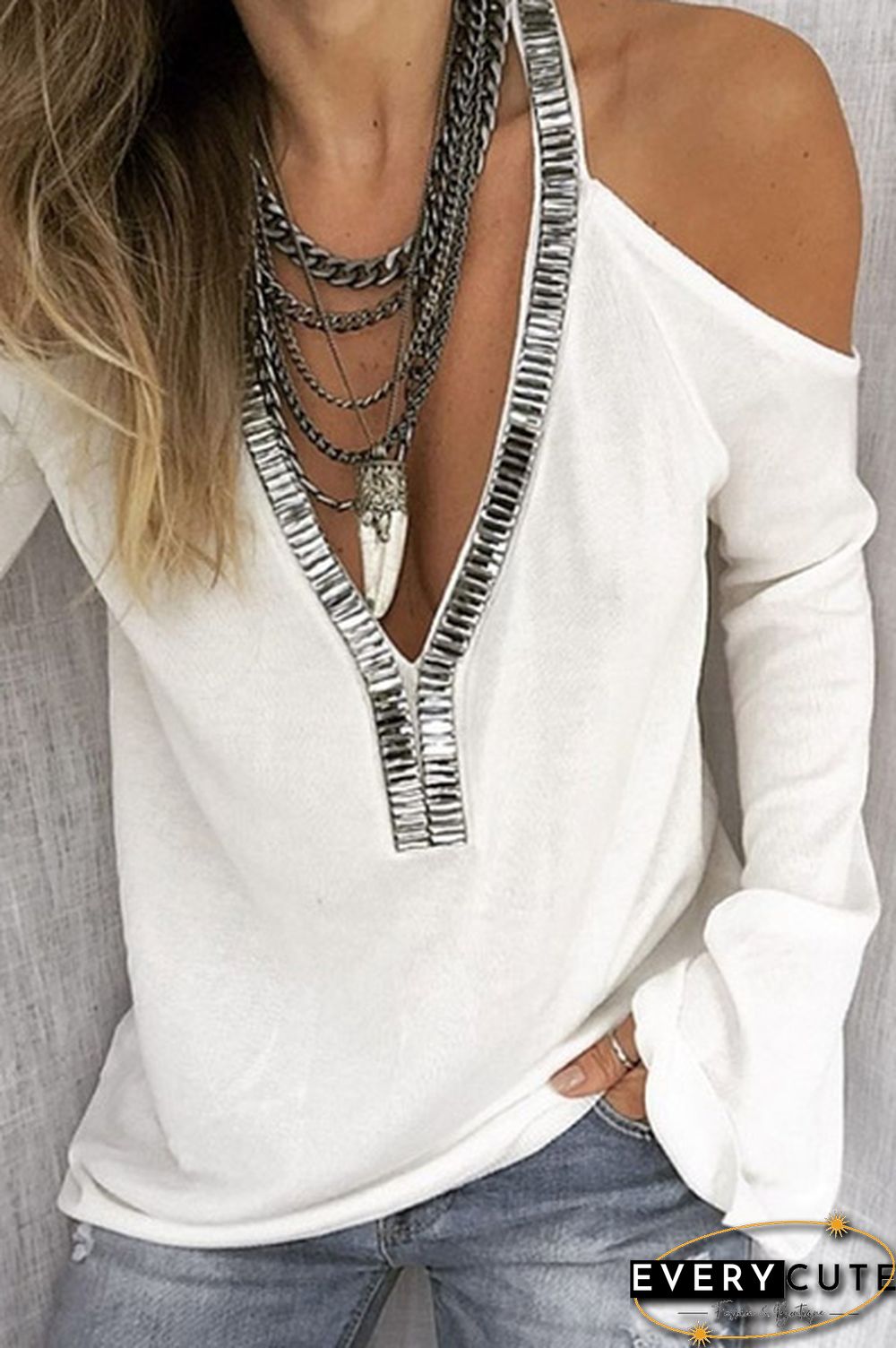 Plus Size S-5XL Autumn and Spring Women Fashion Blouse Casual Sequin Deep V-Neck Off Shoulder Long Sleeve Tops