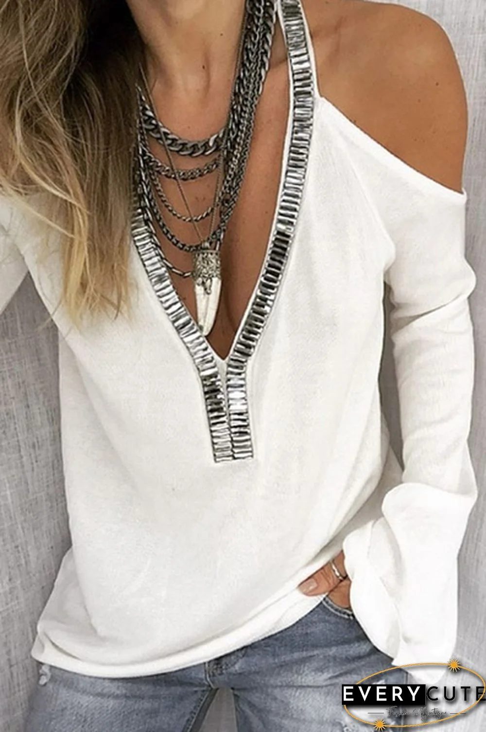 Plus Size S-5XL Autumn and Spring Women Fashion Blouse Casual Sequin Deep V-Neck Off Shoulder Long Sleeve Tops