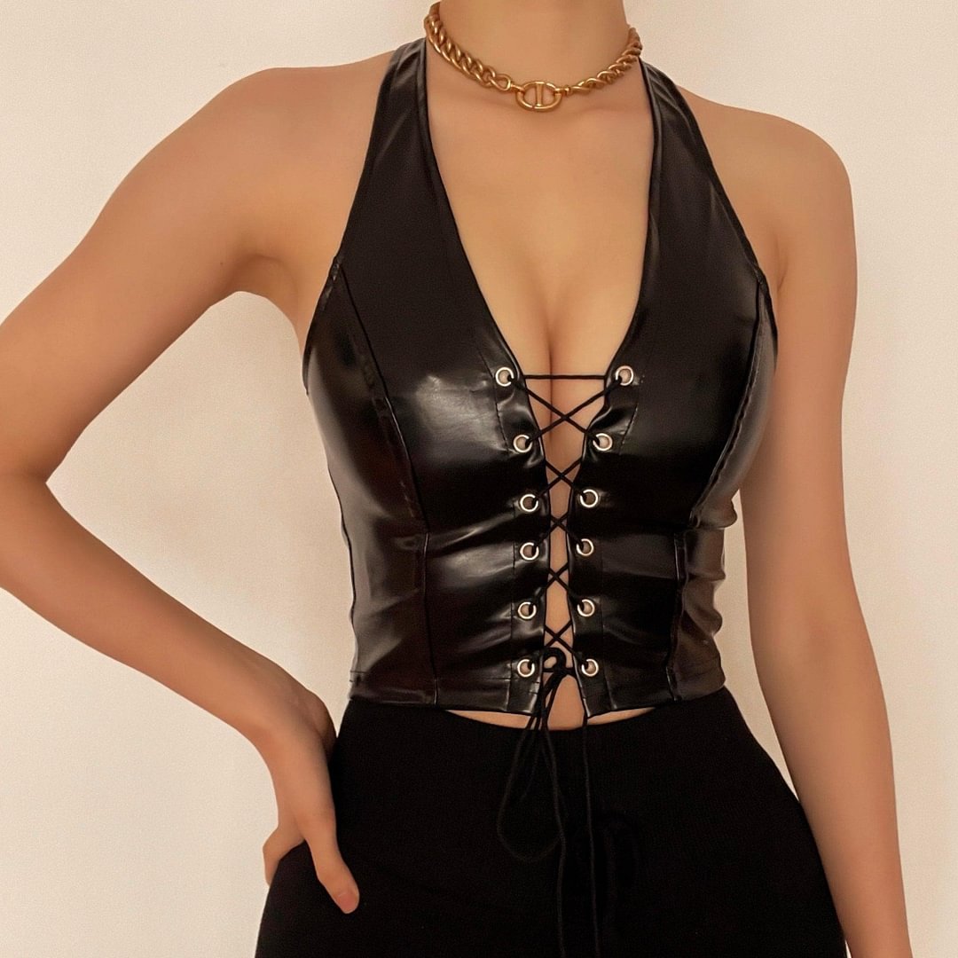 Lace up front halter backless PU top