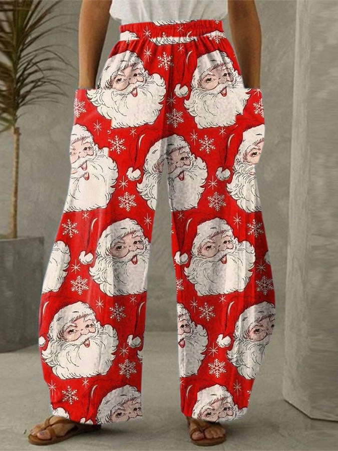 Santa Print Wide Leg Pants
