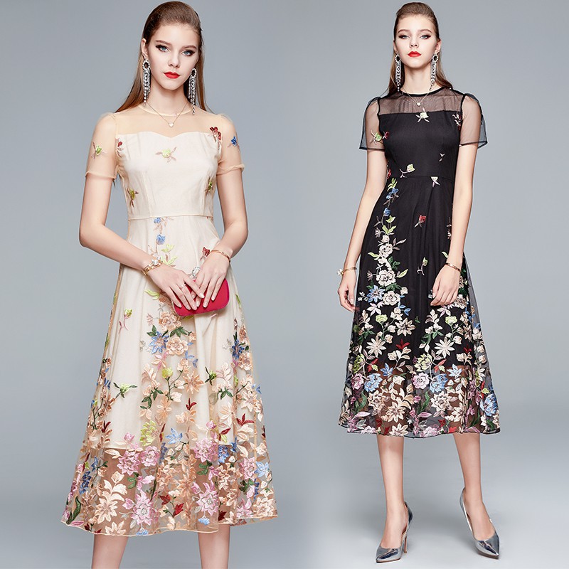 Women's Beige Floral Embroidered Midi Dress, Sheer Short Sleeve A-Line Formal Evening Dress