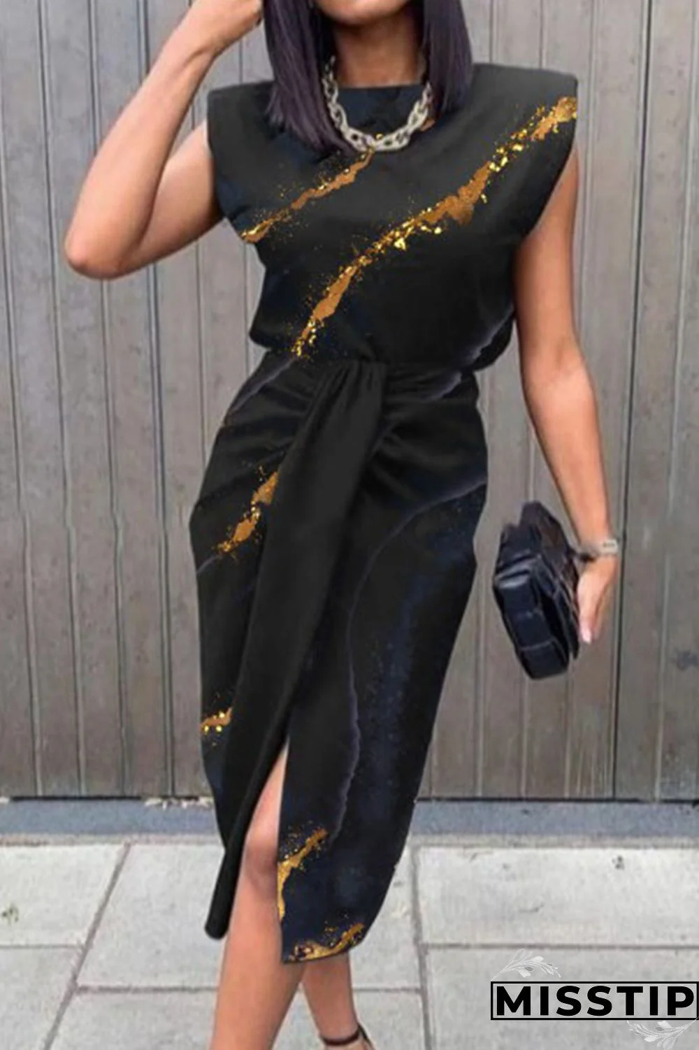 Black Elegant Print Printing O Neck A Line Dresses