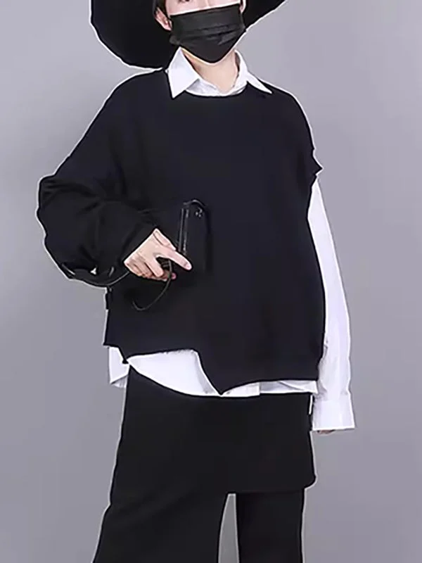 Modern Loose White Asymmetric Buttoned Lapel Long Sleeve Shirt + Black Sweatshirt Set
