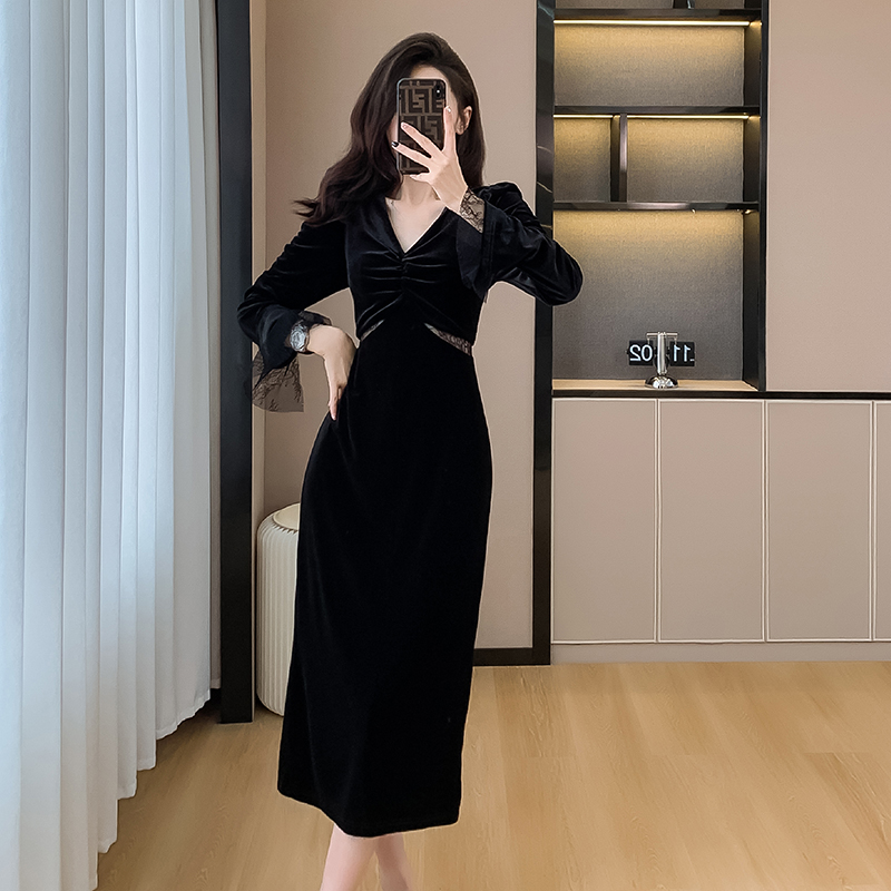 Versusstols event dresses white Autumn Sexy 2024 Women Velvet Bodycon Slim Black Dress Long Sleeve Casual Evening Party Club Midi Vestidos Female Clothes Robe