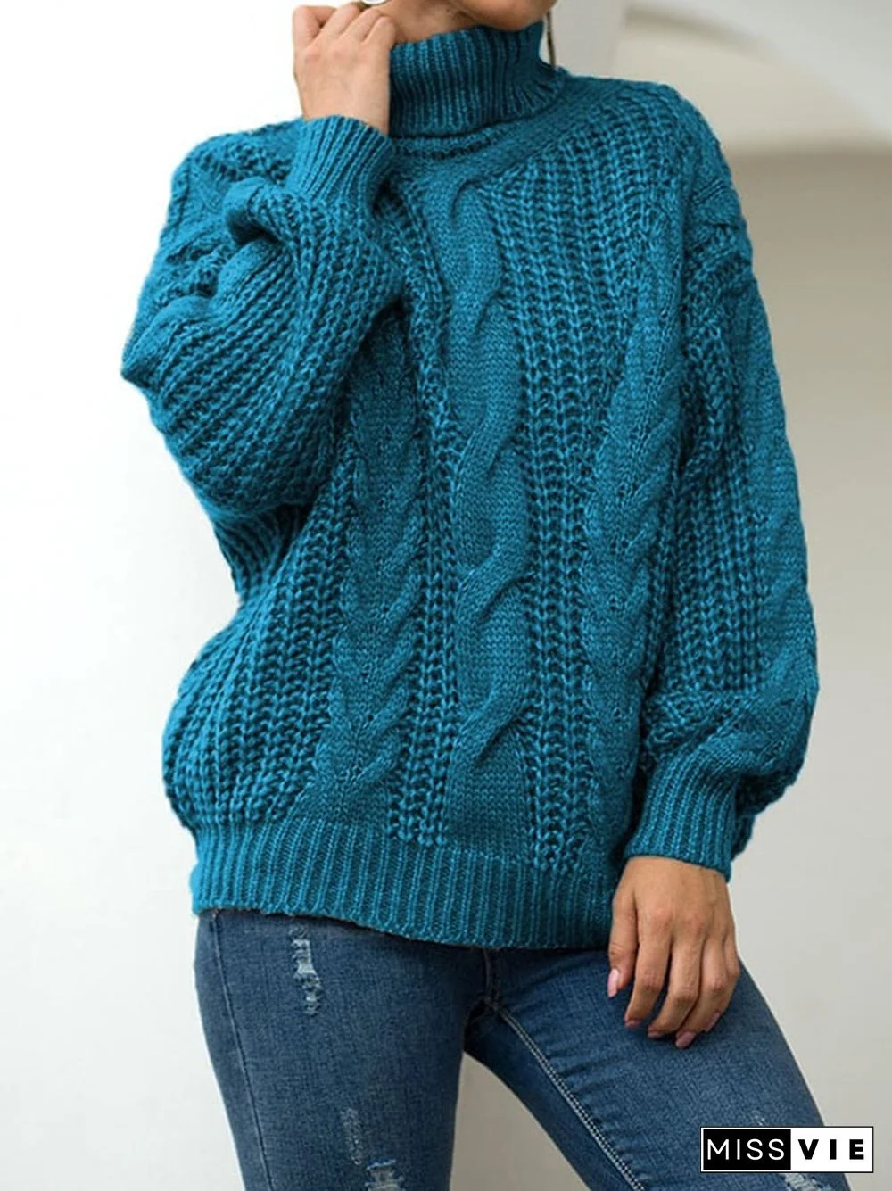 Women's Fashion Slouchy Cable Knit High Neck Pullover Sweater