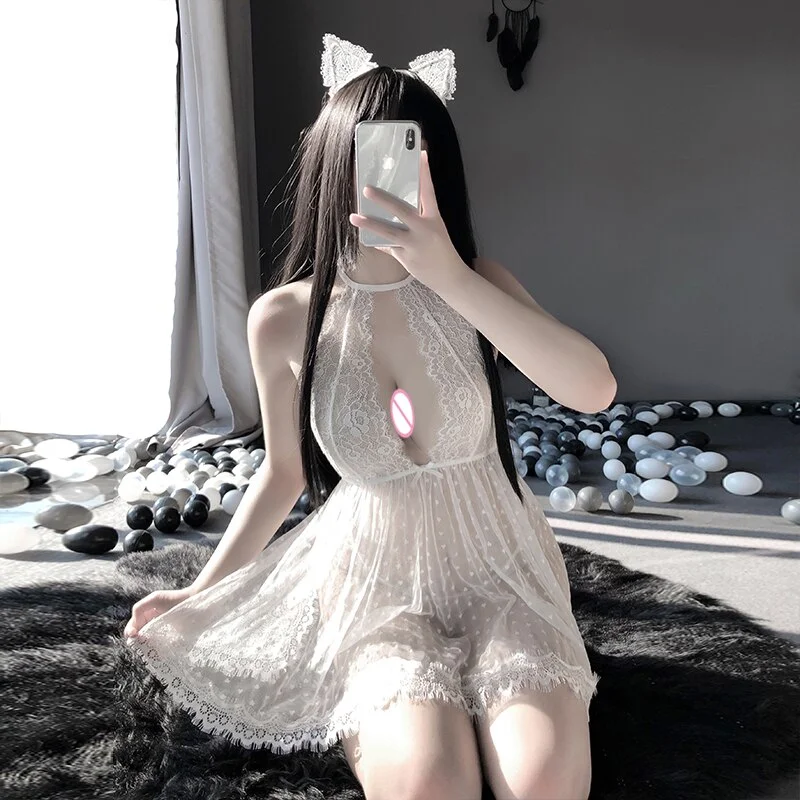 Billionm 2 Colors Sexy Transparent Mesh Lace Wave Point Women's Underwear Halter Backless Split Erotic Lingerie for Sex Plus Size