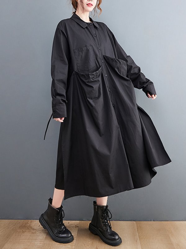 Casual Loose Solid Color Buttoned Lapel Collar Long Sleeves Midi Dress