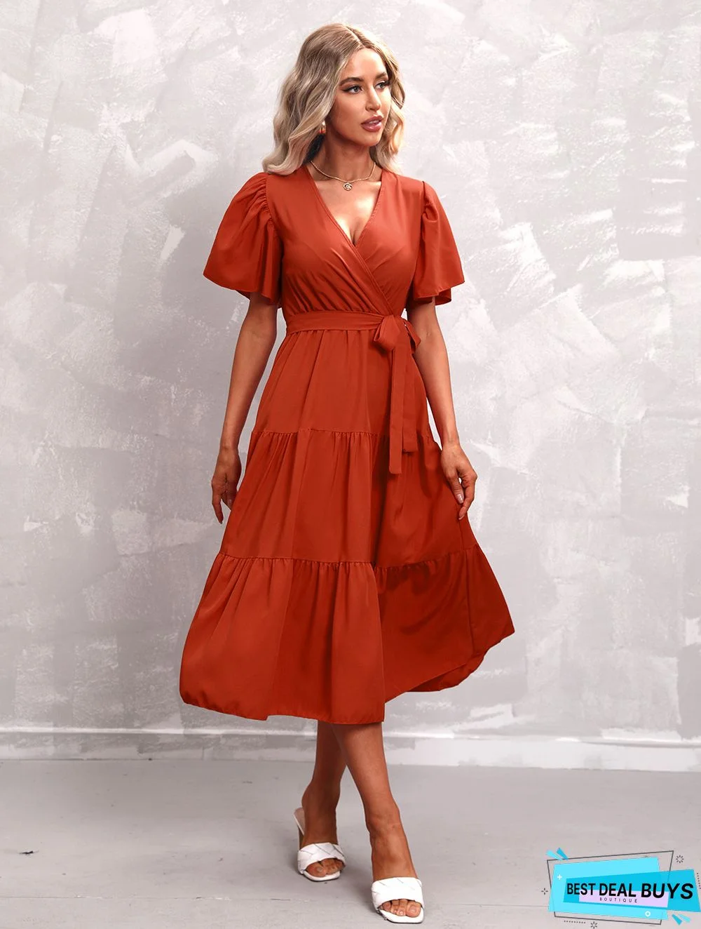 Women's Solid Color V-neck Short Sleeve Dress