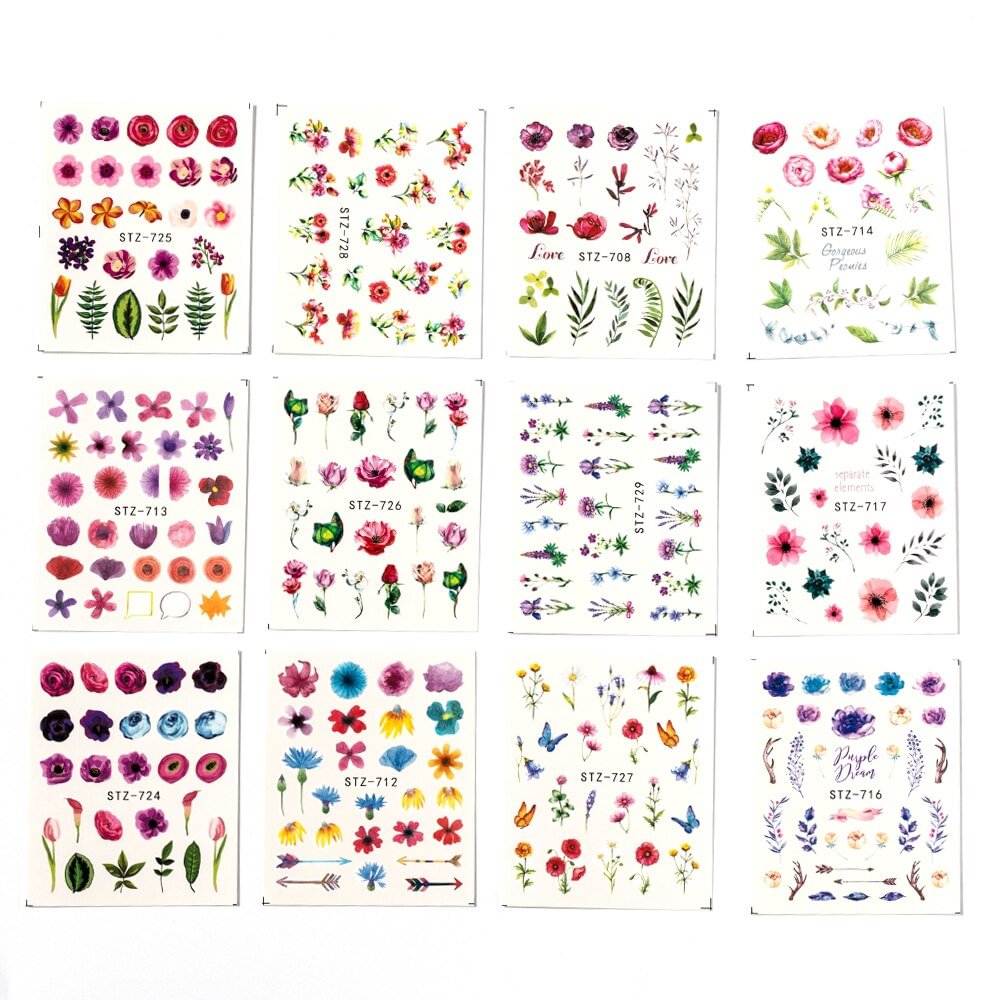 24 Sheets/set Colorful Flower Nail Art Stickers Watercolor Water Transfer Decals Flowers Nail Decorations Wild Trend DIY Tips