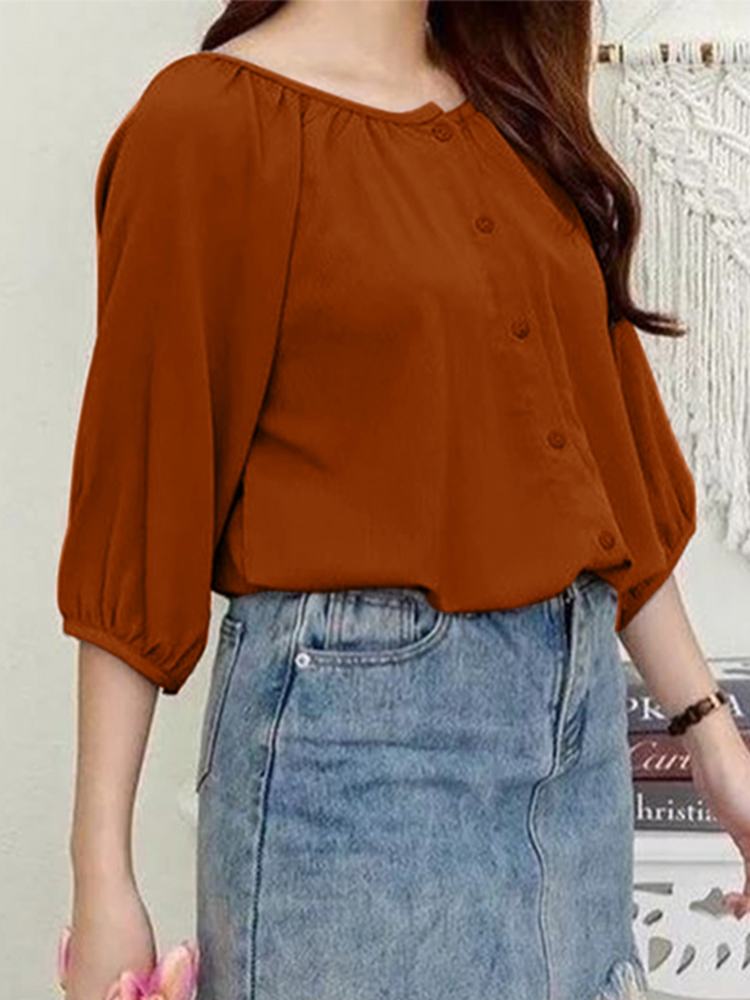 ZANZEA Korean Round Neck Tops Holiday Solid Blouses Women 2023 Summer Half Sleeve Shirts Casual Loose Buttons Pleats Top
