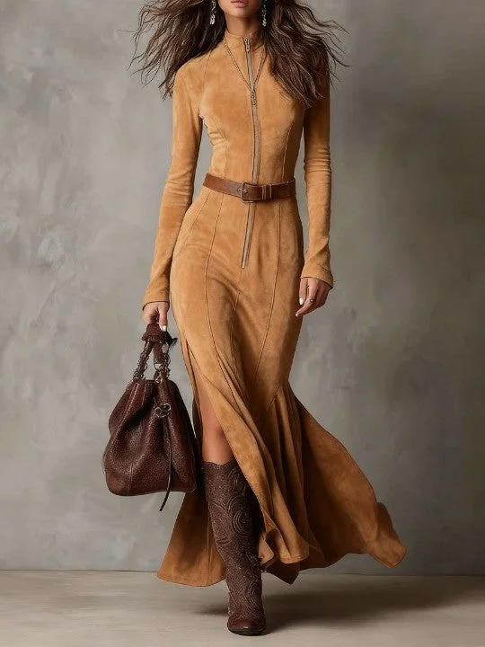 Vintage Camel Zipper Belted Maxi Dress（Includes belt）